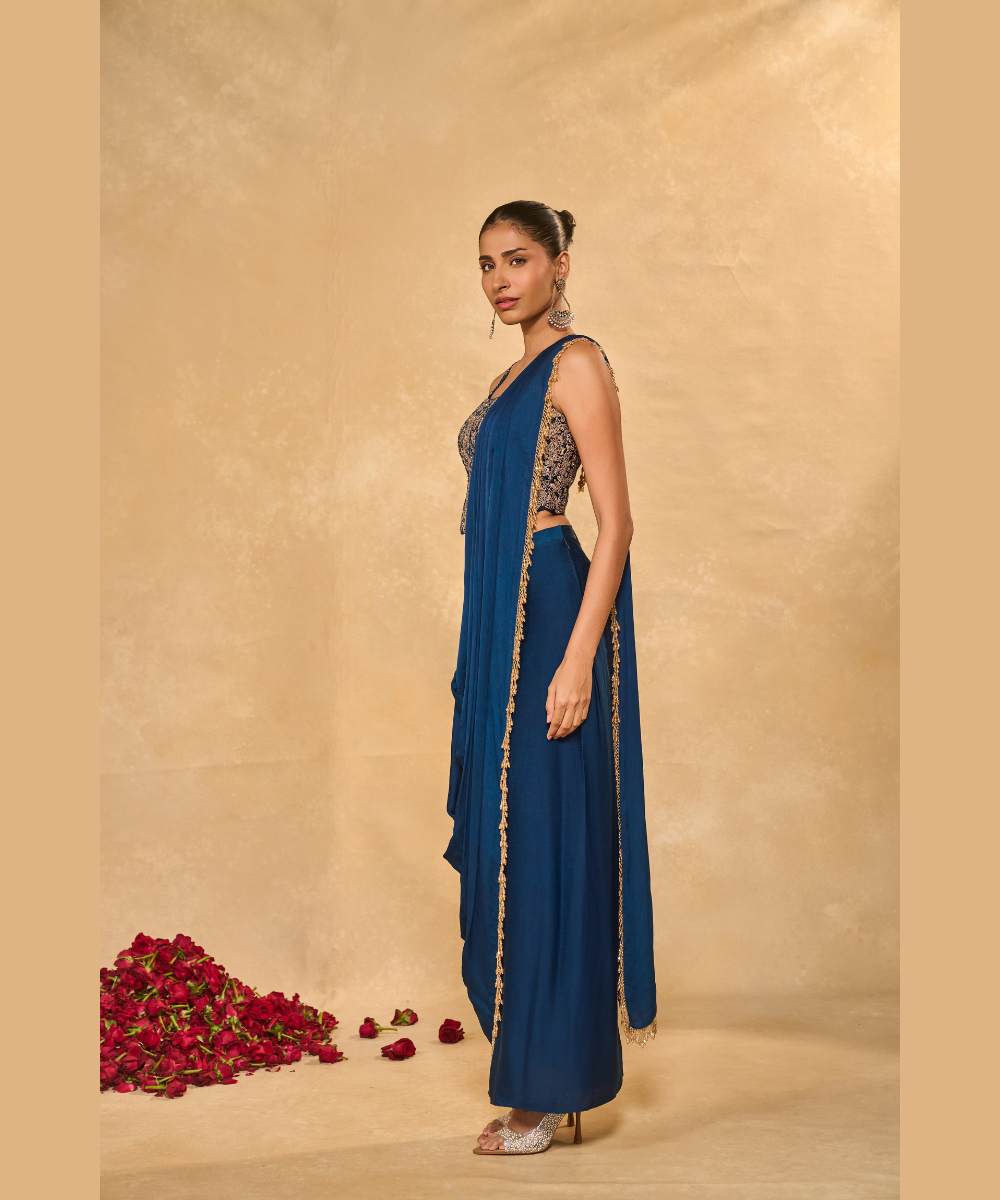 LEKHA SLIT SAREE - Satin chiffon dhoti saree embellished with tassel edging paired with a velvet corset blouse - Leher by Chamee and Palak