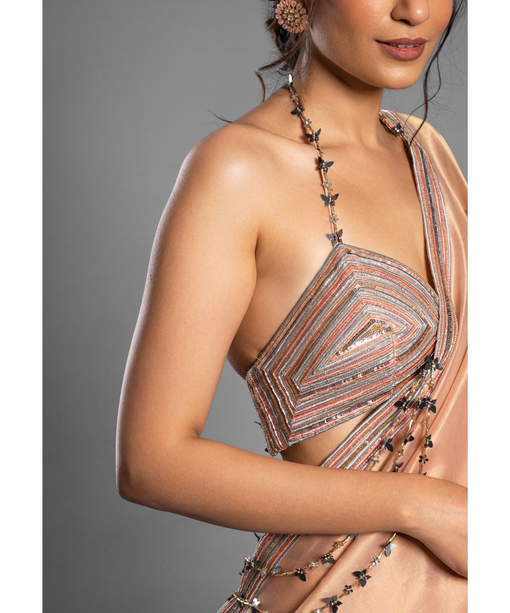 Geometric Embroidered Peach Saree