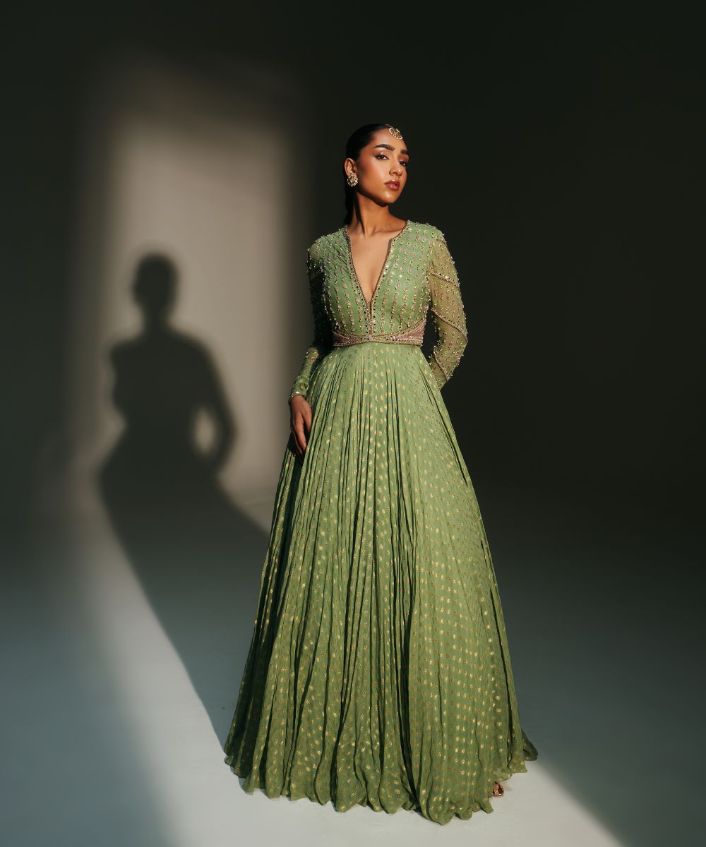 CHAYA - GREEN FULL SLEEVES ANARKALI PAIRED WITH MATCHING DUPATTA - Mehfil by Mahima Mahajan