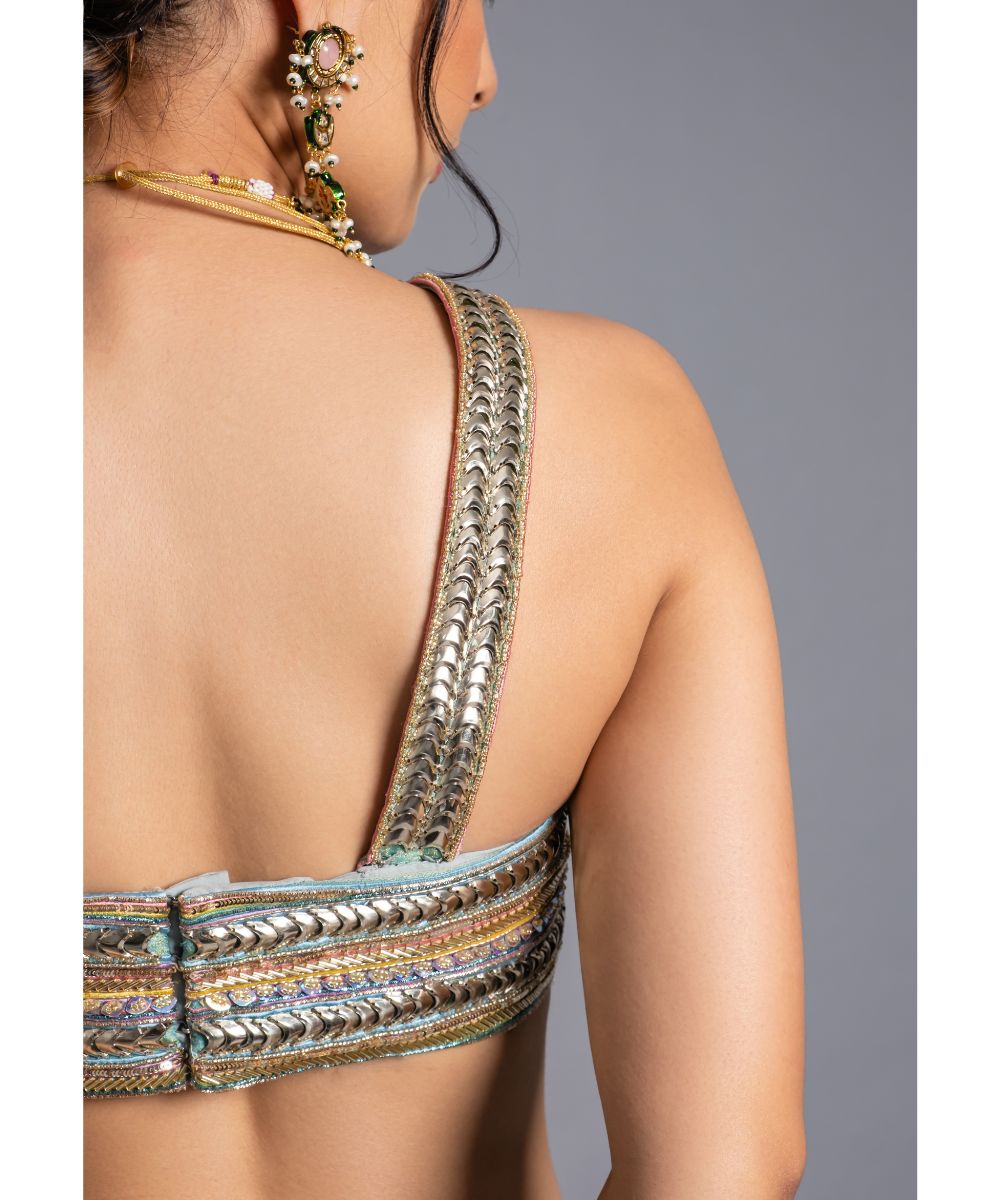 Aastha Sood - Aqua Silk Tissue Lehenga Draped Blouse