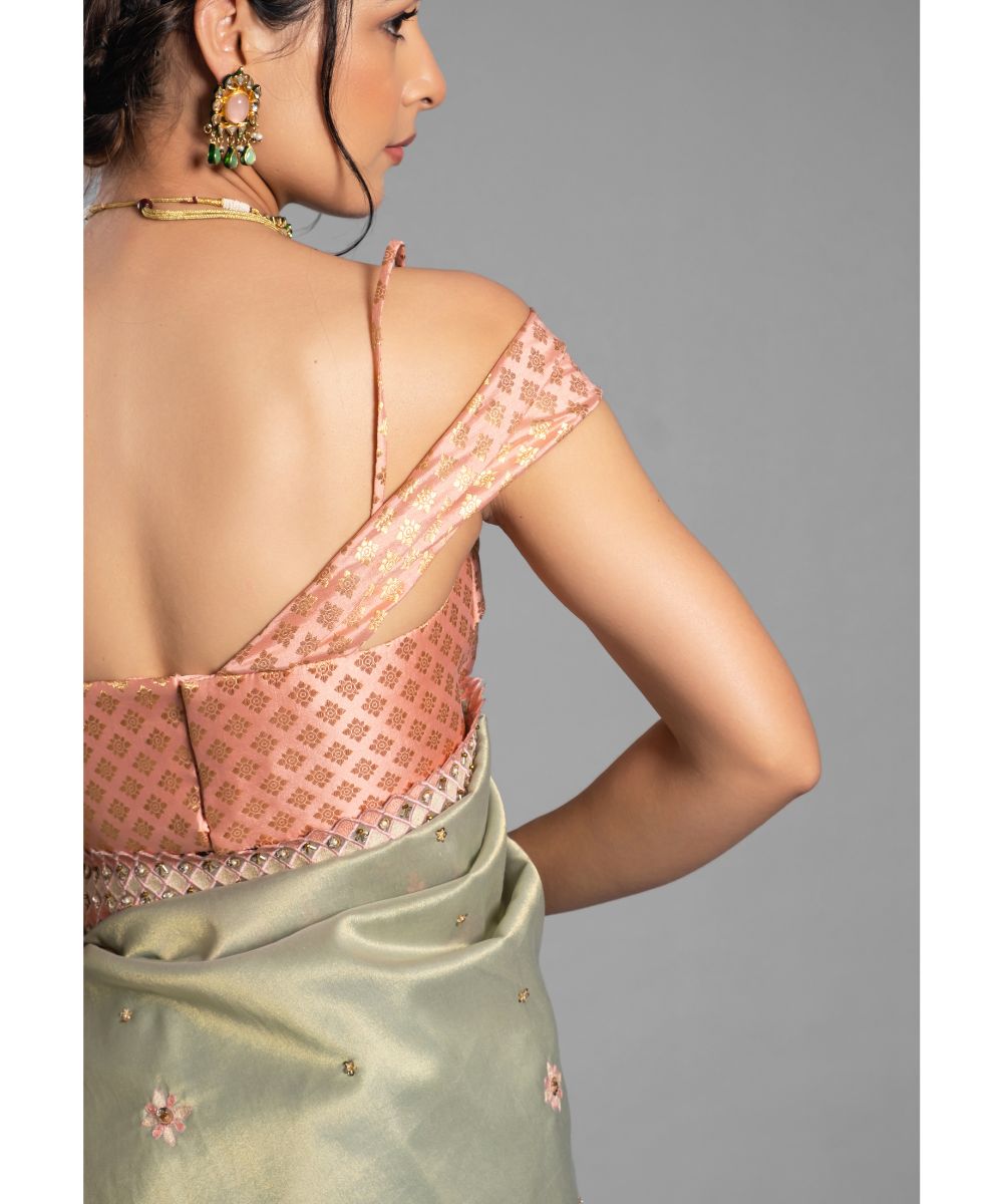 Aastha Sood - Leaf green Saree with peach Floral Geometric Scallop