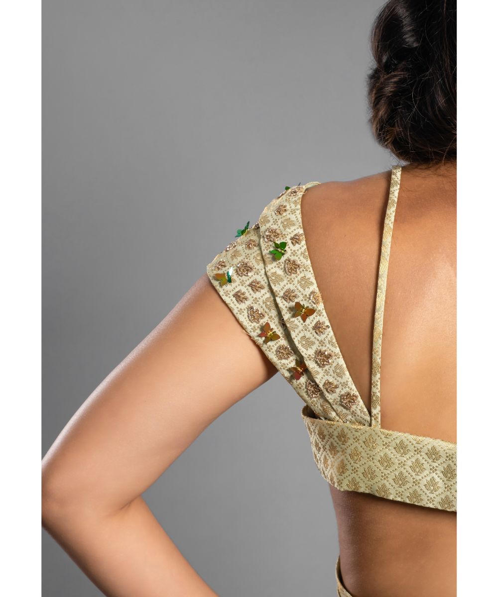 Lime Green Brocade Lehenga Asymmetrical Drape Blouse