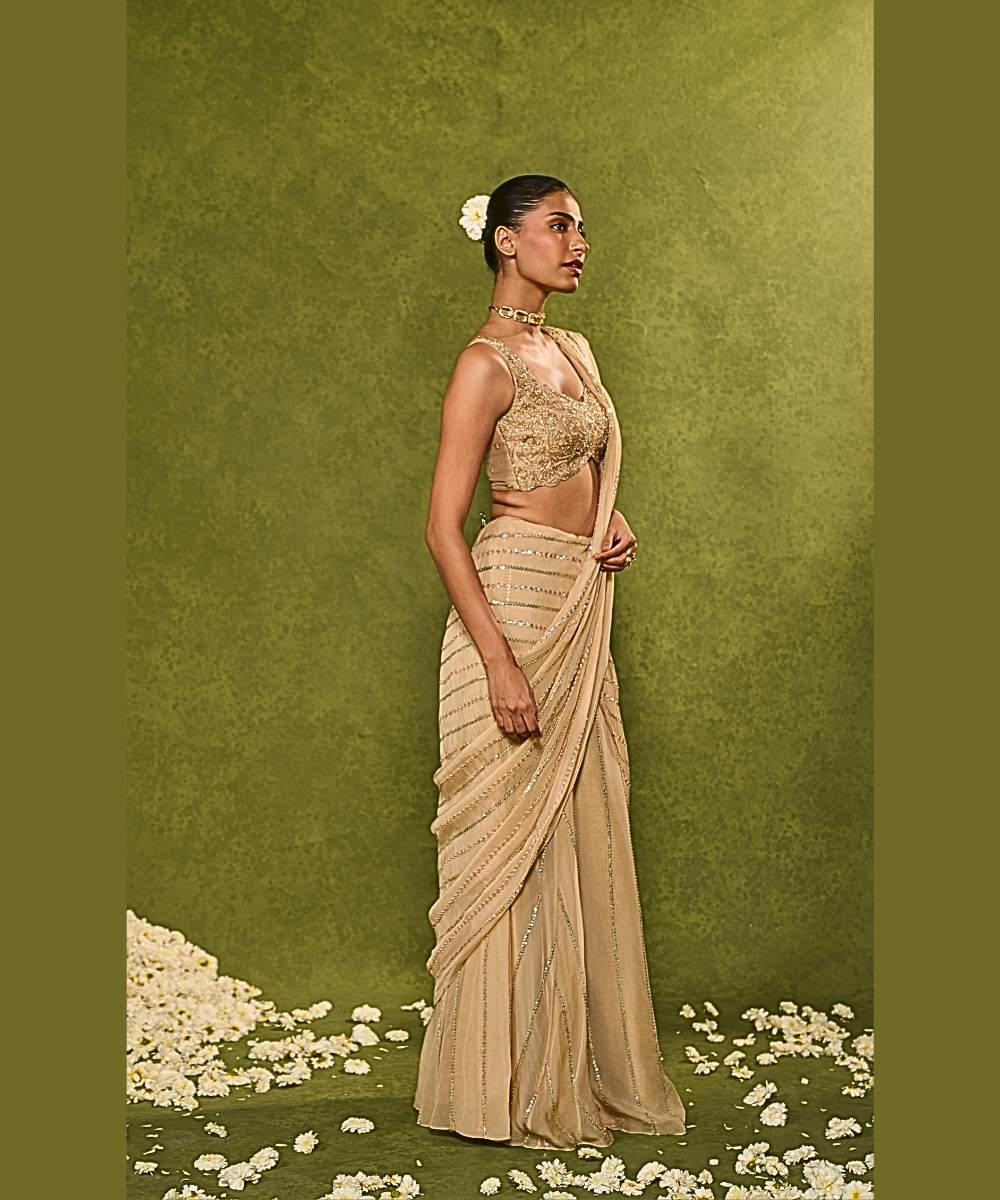 AALIYAH SAREE - Organza pre-draped saree embellished with glassbeads - Leher by Chamee and Palak