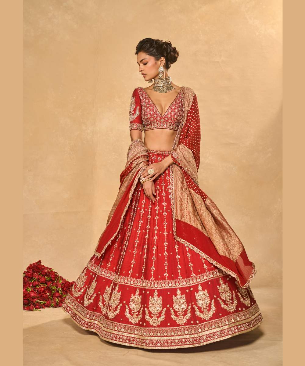 MOHINI LEHENGA - Red raw silk zardozi, glassbeads and sequence embroidered lehenga and blouse paired with banarasi dupatta - Leher by Chamee and Palak