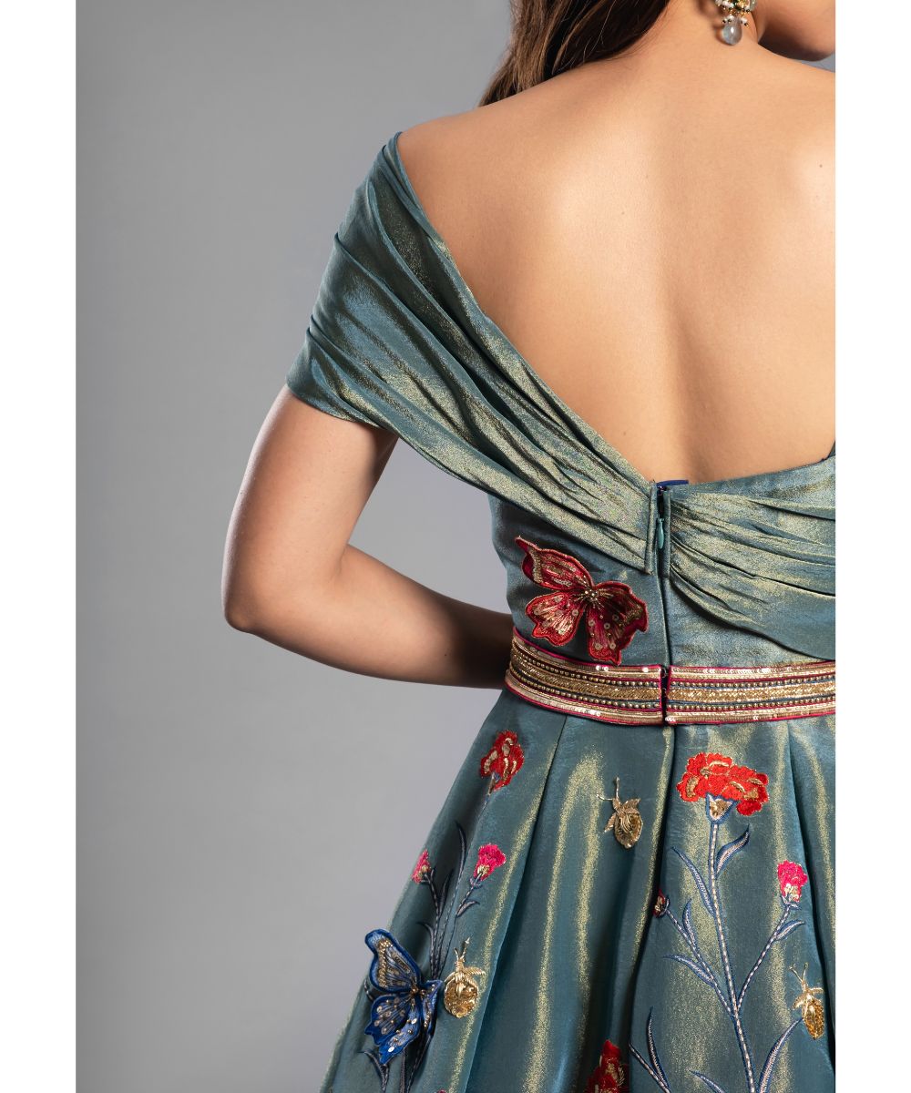 Forest Green tissue Calf length Indo-Western Dress