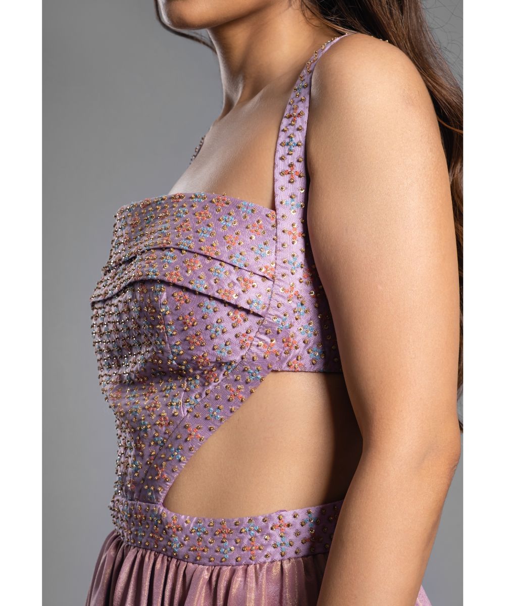 Aastha Sood - Lavender hued Jumpsuit Hand Embroidered Brocade draped Bodice and silk tissue Pants
