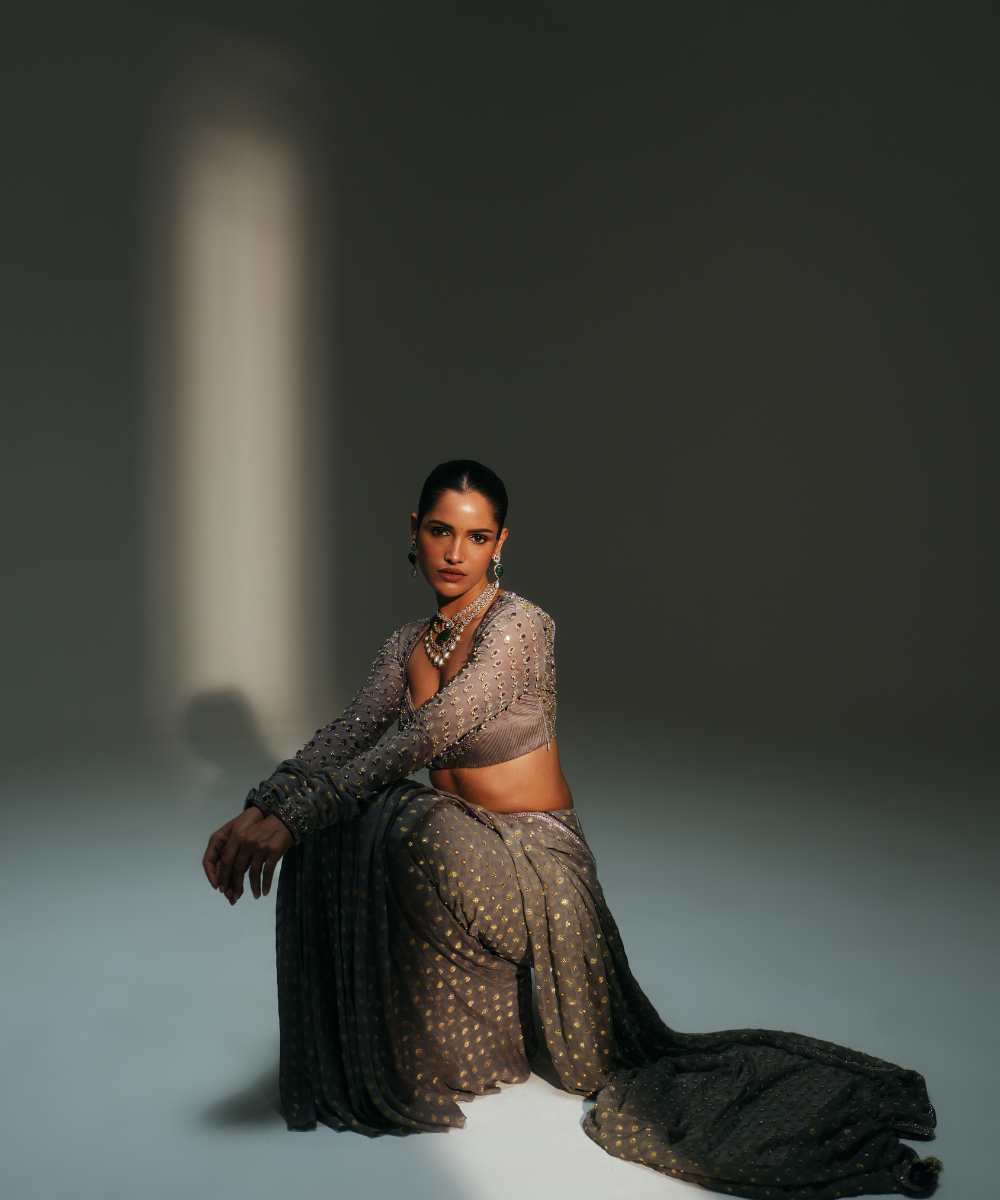 DRITI - PLATINUM HAND EMBROIDERED PREDRAPED SAREE - Mehfil by Mahima Mahajan