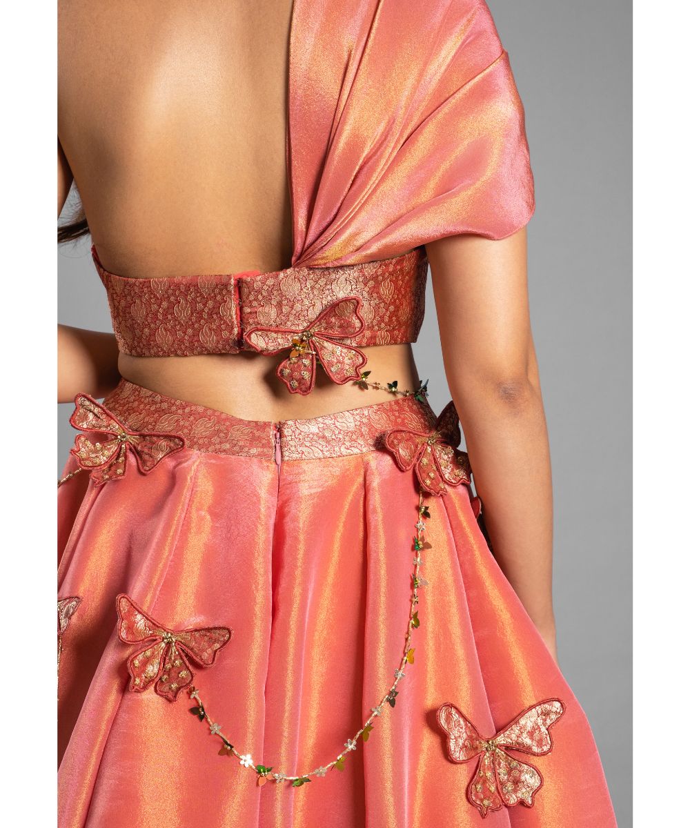 Crimson Red tissue Brocade Blouse complementing Tissue Skirt