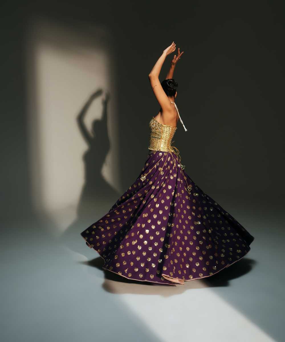 BINDIYA - HAND EMBROIERED BOOTI LEHENGA WITH GOLDEN CORSET AND DUPATTA- Mehfil by Mahima Mahajan