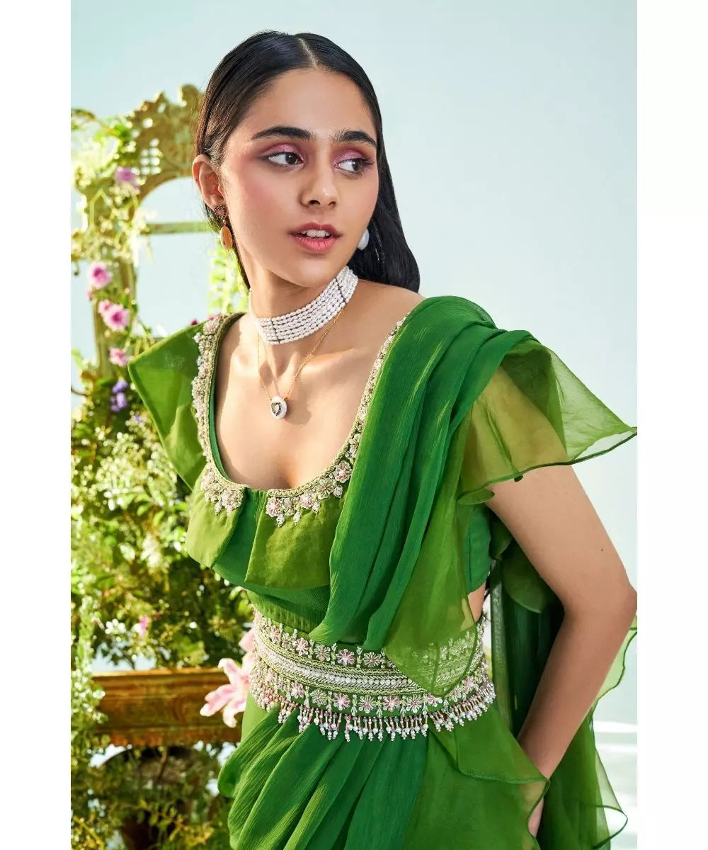 MANI BHATIYA - Forest green Saree Ruffle Blouse with embroidered Belt