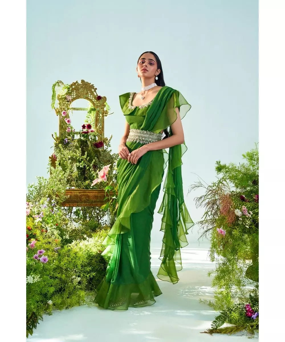 MANI BHATIYA - Forest green Saree Ruffle Blouse with embroidered Belt