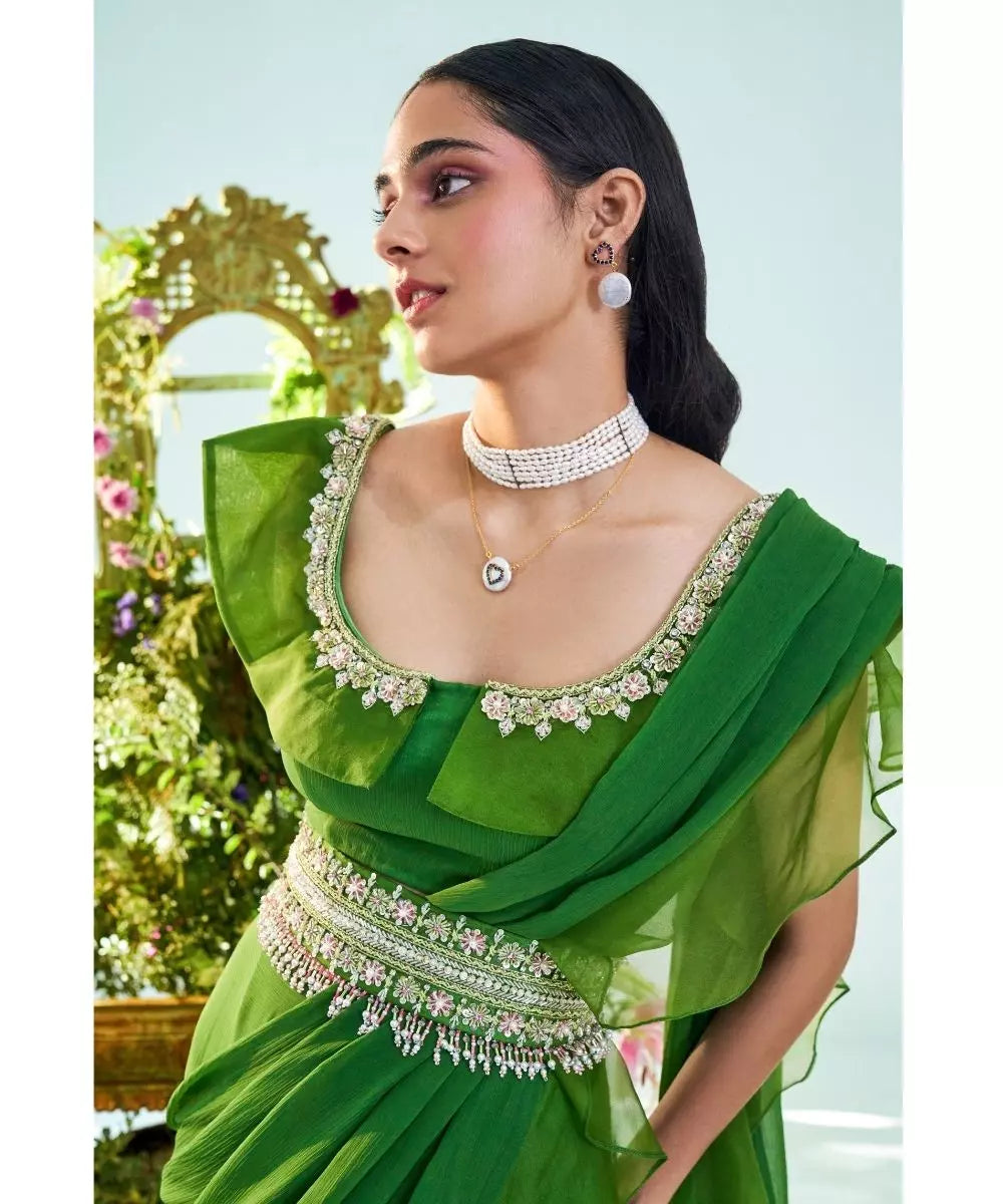 MANI BHATIYA - Forest green Saree Ruffle Blouse with embroidered Belt