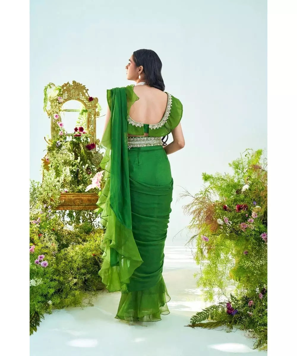 MANI BHATIYA - Forest green Saree Ruffle Blouse with embroidered Belt