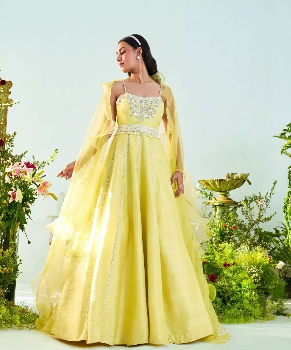 MANI BHATIYA - Lime yellow silk Anarkali with Ruffle Dupatta & embroidered Belt