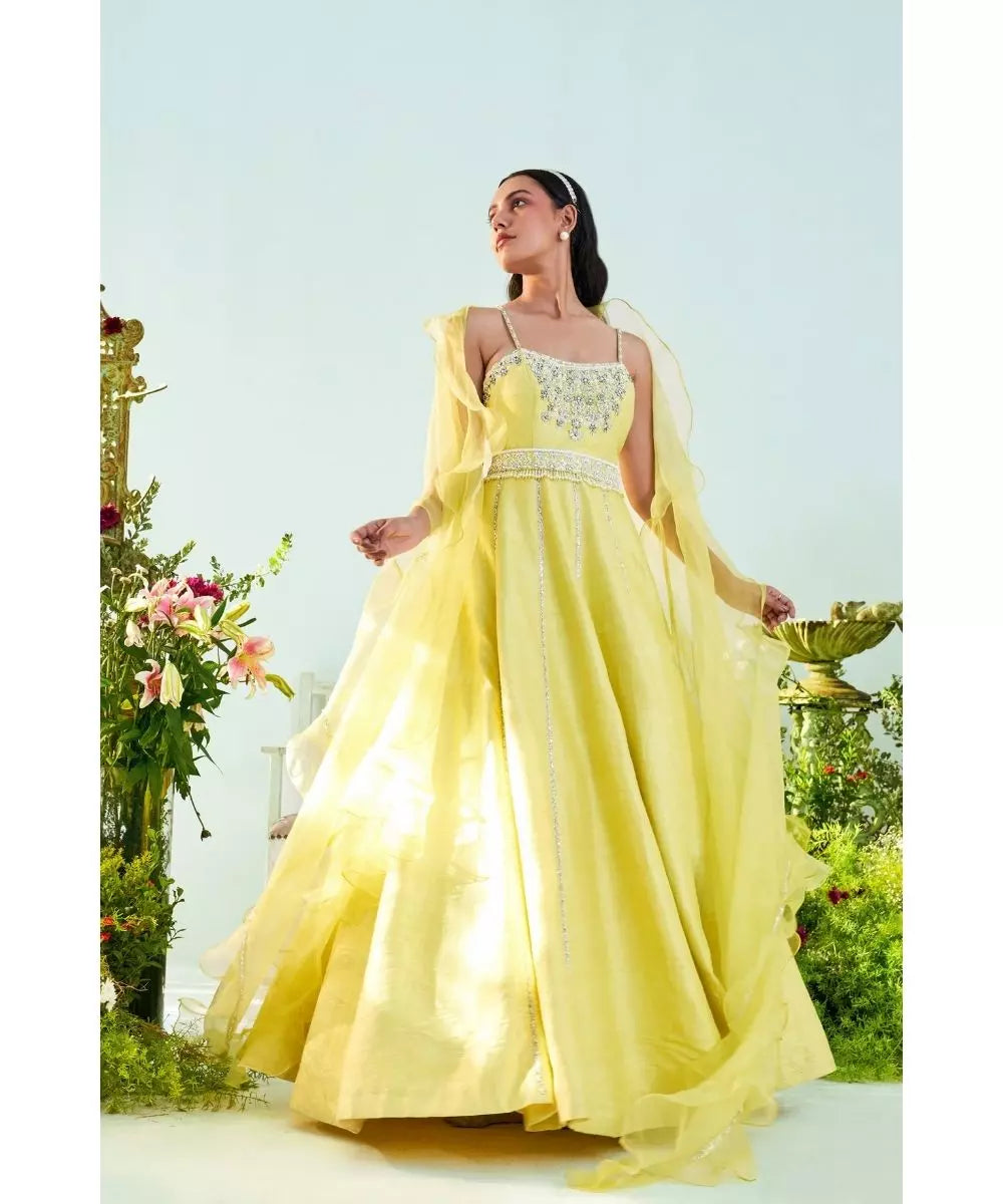 MANI BHATIYA - Lime yellow silk Anarkali with Ruffle Dupatta & embroidered Belt