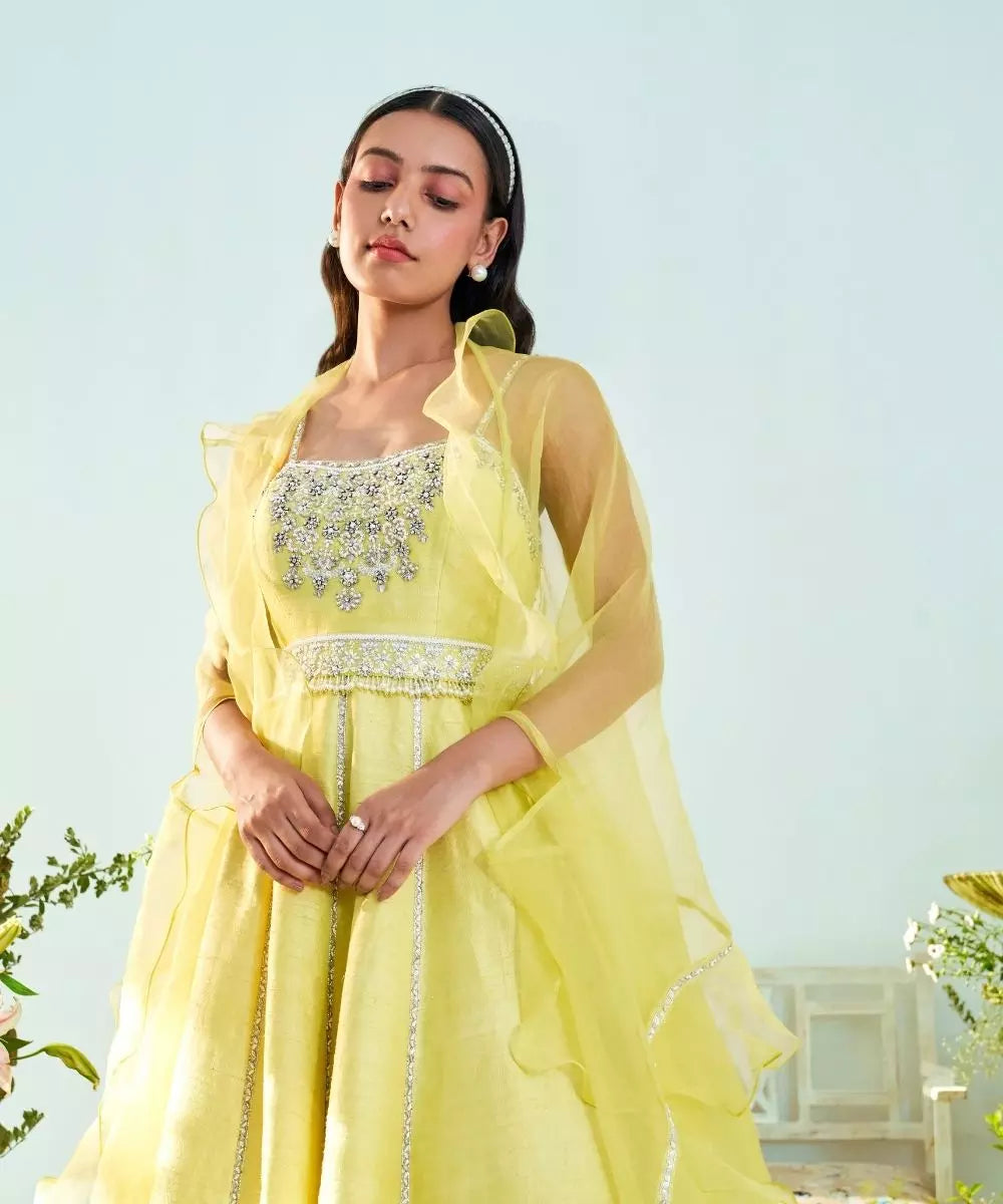 MANI BHATIYA - Lime yellow silk Anarkali with Ruffle Dupatta & embroidered Belt