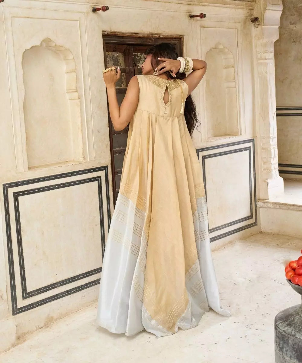 Aditi Gupta - Champagne Gold and Moonlight Mist Choga in Cotton Tissue