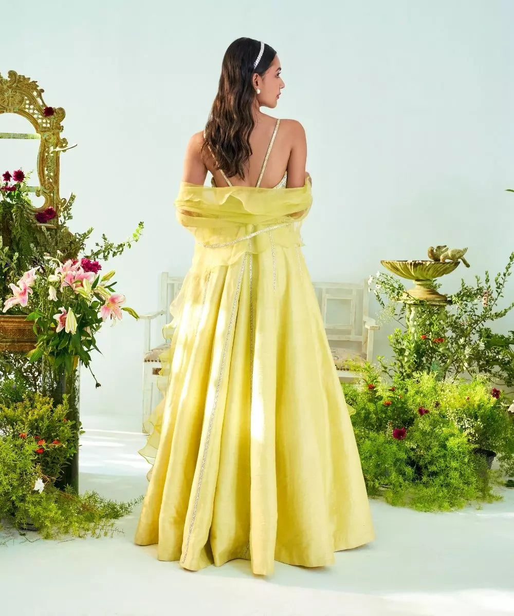 MANI BHATIYA - Lime yellow silk Anarkali with Ruffle Dupatta & embroidered Belt