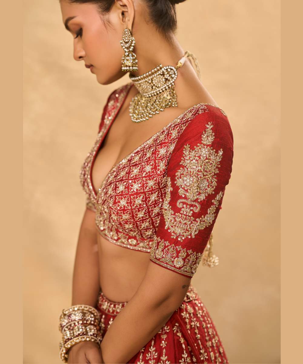 MOHINI LEHENGA - Red raw silk zardozi, glassbeads and sequence embroidered lehenga and blouse paired with banarasi dupatta - Leher by Chamee and Palak