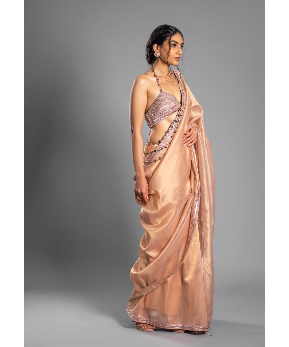 Geometric Embroidered Peach Saree