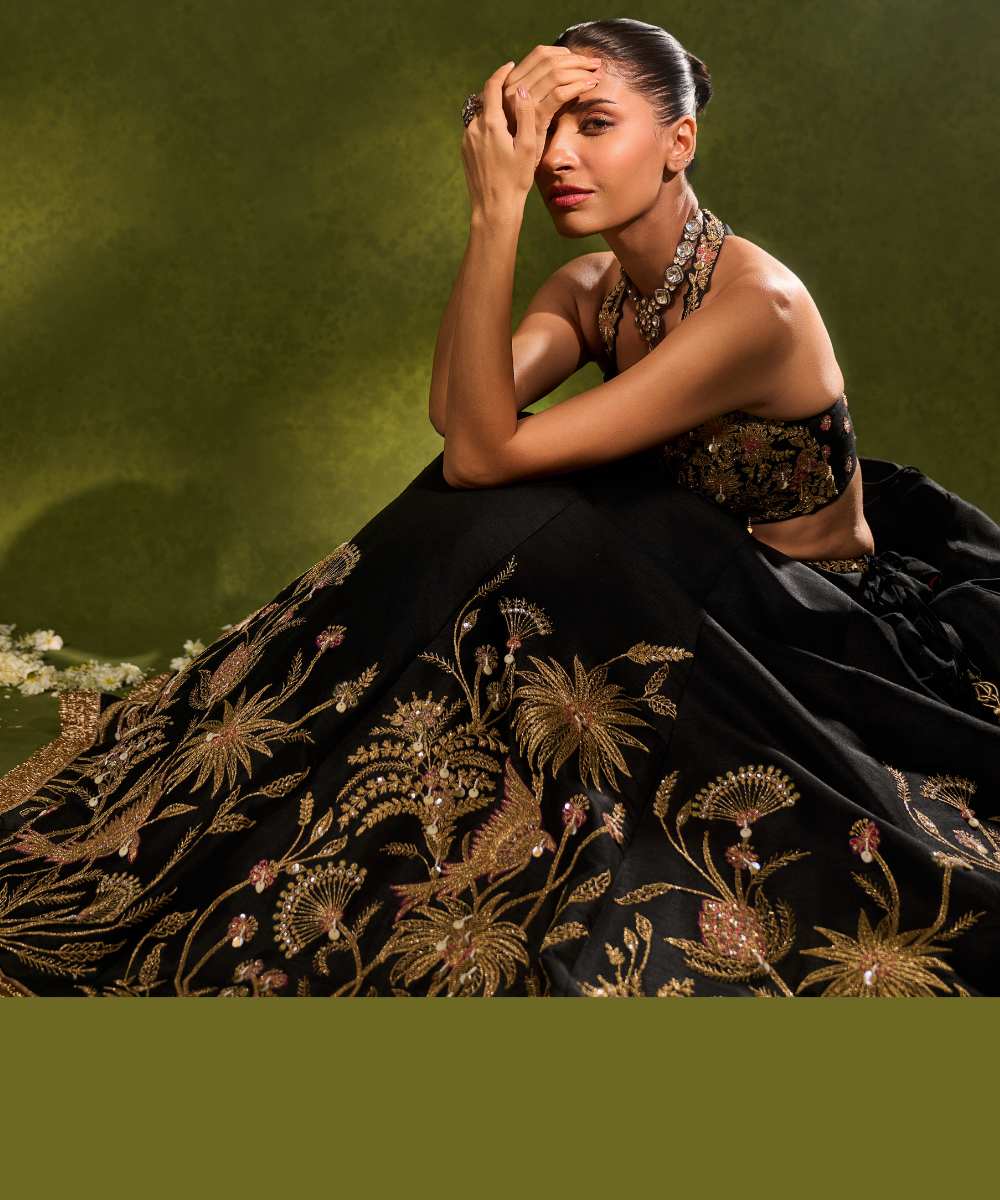 HUDA LEHENGA - Black dupion silk lehenga brought to life with forest-inspired motifs, intricately embroidered in zari, sequence, resham - Leher by Chamee and Palak
