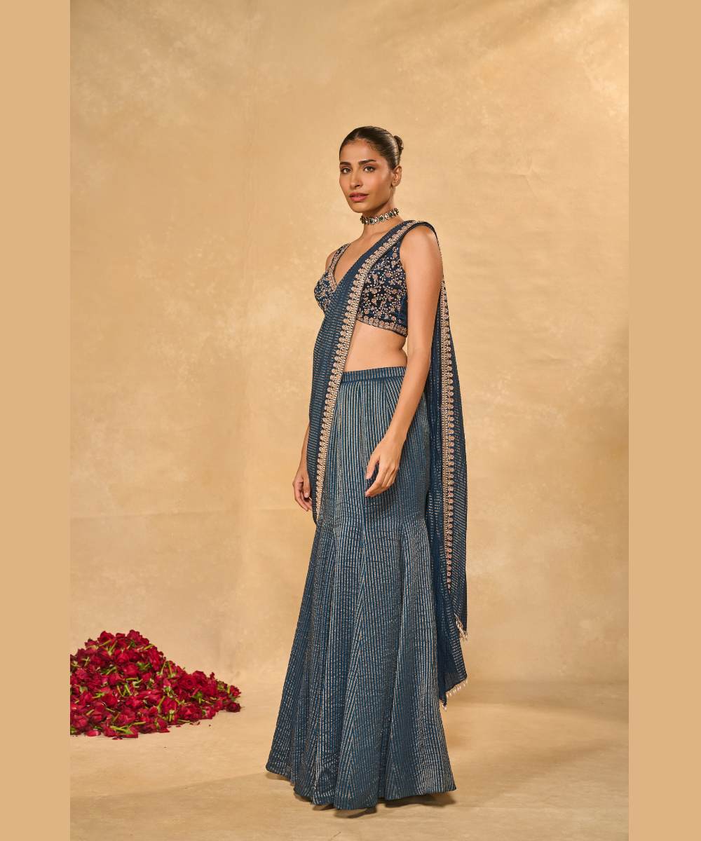 KAVYA SAREE - Saree with an exquisitely embellished floral border paired with a plunge V-neck velvet - Leher by Chamee and Palak