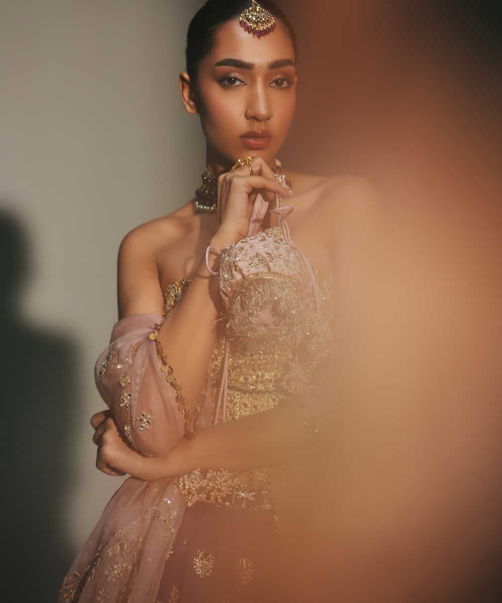 BINDIYA - HAND EMBROIERED BOOTI LEHENGA WITH GOLDEN CORSET AND DUPATTA- Mehfil by Mahima Mahajan