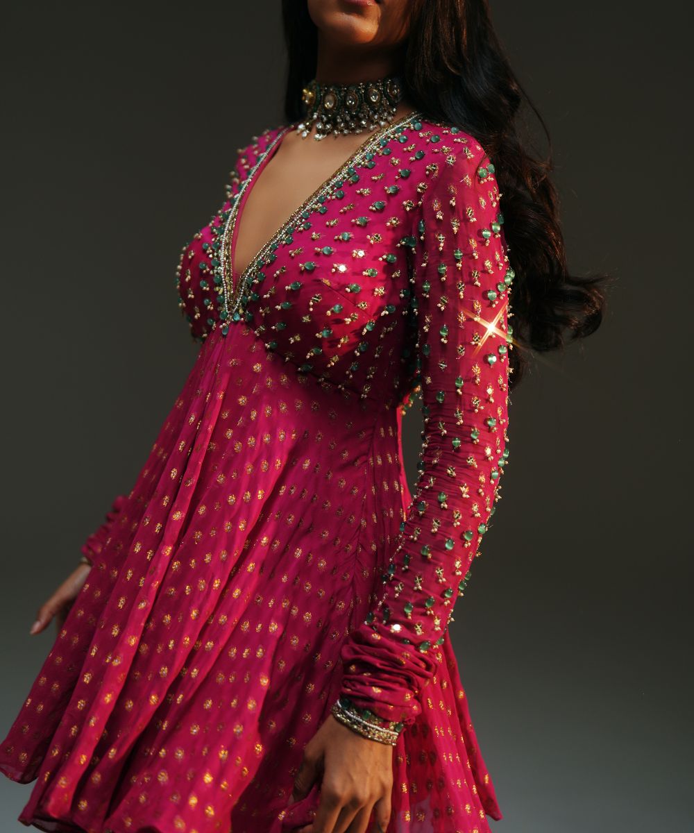 NAINA - HAND EMBROIDERED RANI PINK SHORT KURTA AND SHARARA - Mehfil by Mahima Mahajan