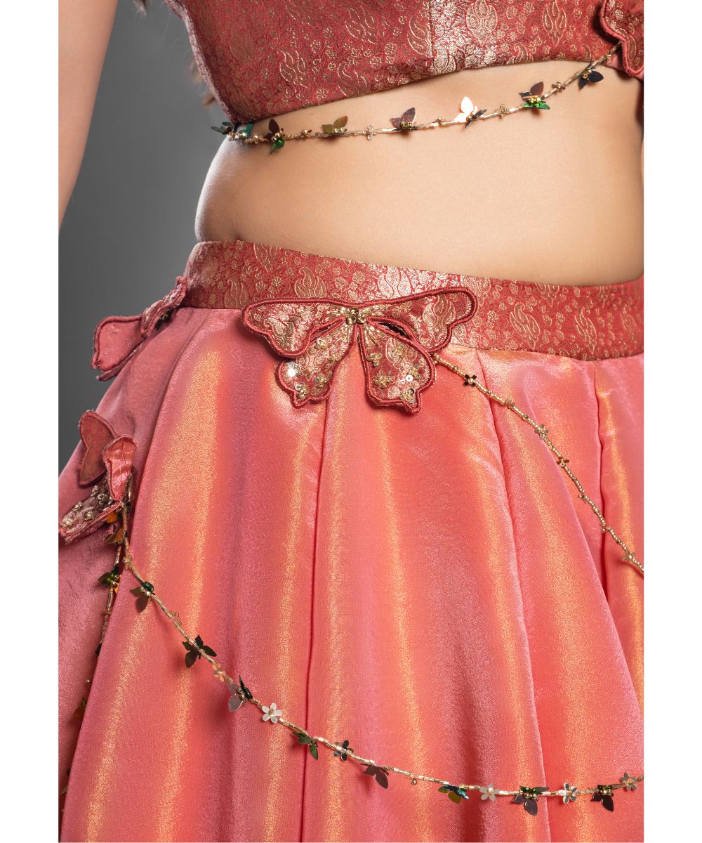 Crimson Red tissue Brocade Blouse complementing Tissue Skirt