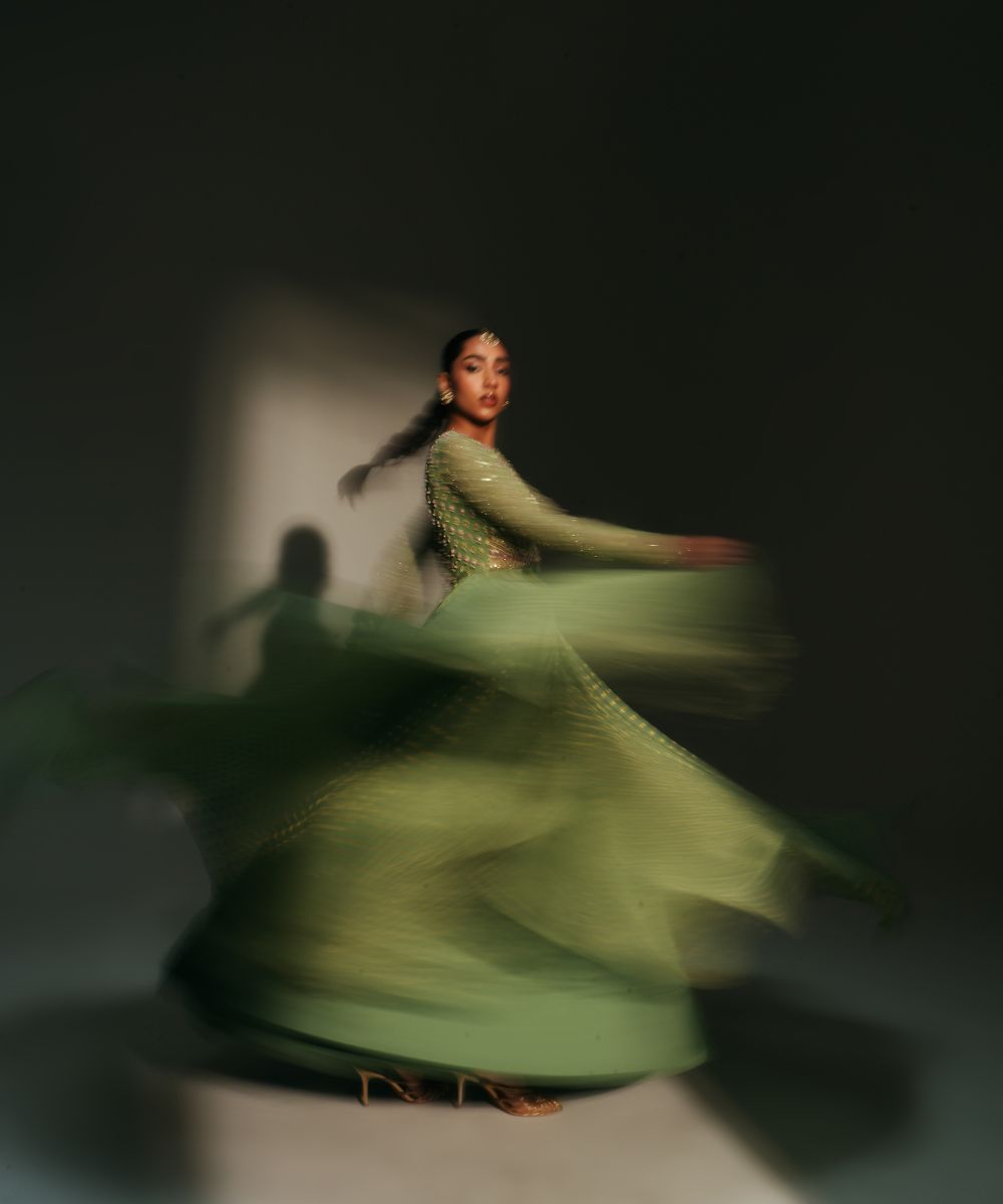 CHAYA - GREEN FULL SLEEVES ANARKALI PAIRED WITH MATCHING DUPATTA - Mehfil by Mahima Mahajan