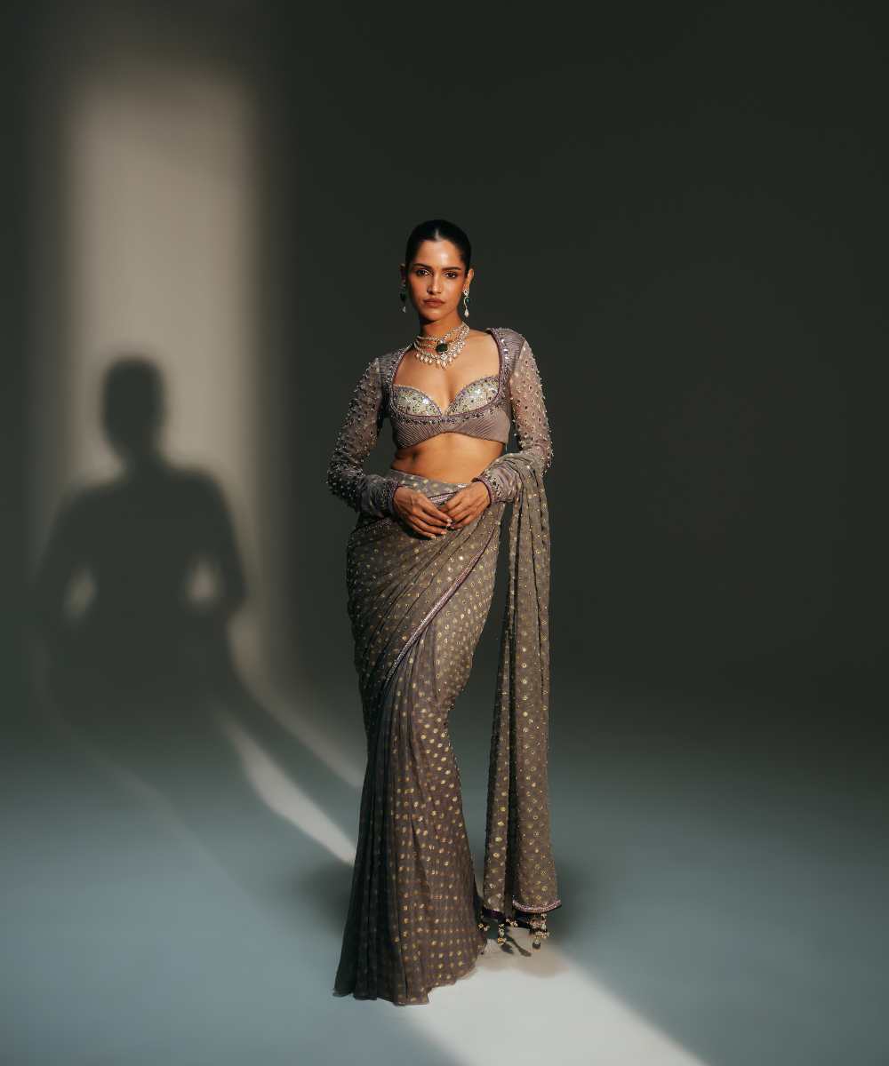 DRITI - PLATINUM HAND EMBROIDERED PREDRAPED SAREE - Mehfil by Mahima Mahajan