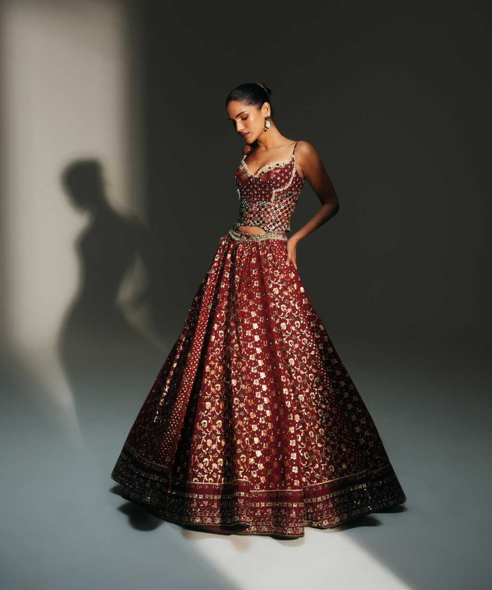 MALA - HEAVY HAND EMBROIDERED KALI LEHENGA WITH CORSET AND DUPATTA - Mehfil by Mahima Mahajan