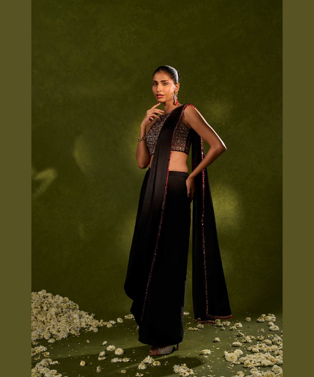 AANYA SAREE - Soft silk dhoti saree paired with a delicately embroidered velvet halter neck blouse -  Leher by Chamee and Palak