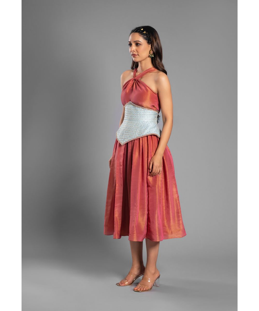 Crimson Red tissue Calf Length Dress with a Halter Neckline