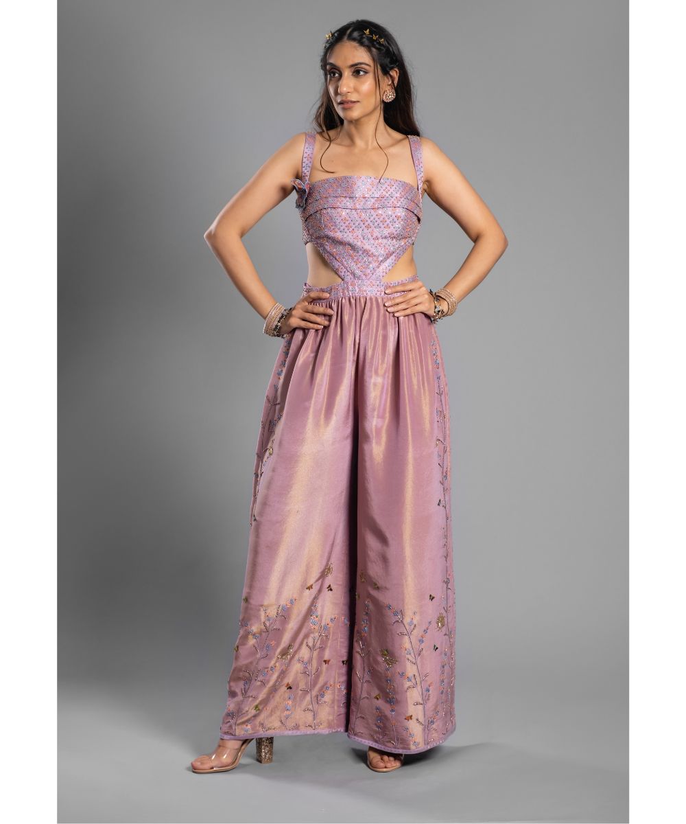 Aastha Sood - Lavender hued Jumpsuit Hand Embroidered Brocade draped Bodice and silk tissue Pants