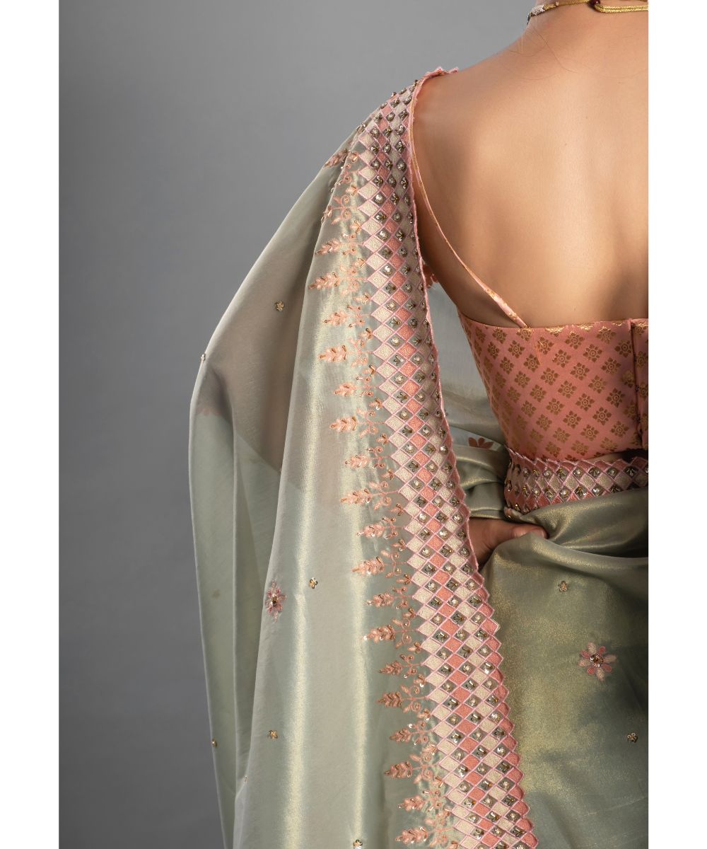 Leaf green Saree with peach Floral Geometric Scallop