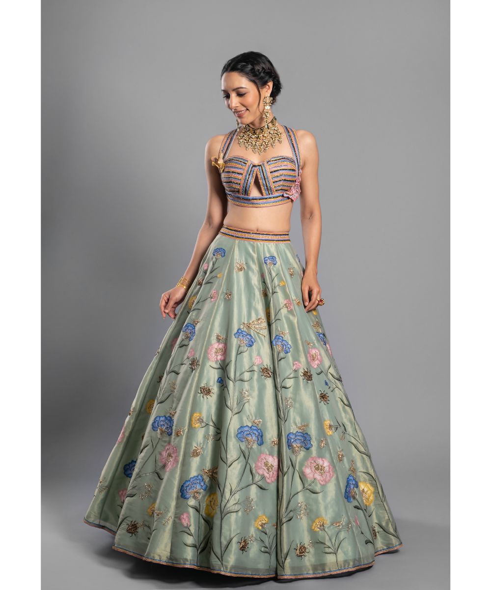 Aastha Sood - Light Green Silk Tissue Lehenga