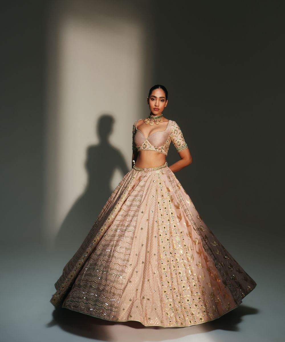 VIDHI - HAND EMBROIDERED BLUSH PINK KALI LEHENGA - Mehfil by Mahima Mahajan