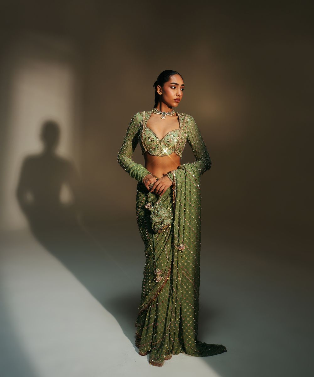 UNNATI - HEAVY HAND EMBROIDERED PREDRAPED SAREE PAIRED WITH FULL SLEVEES BLOUSE - Mehfil by Mahima Mahajan