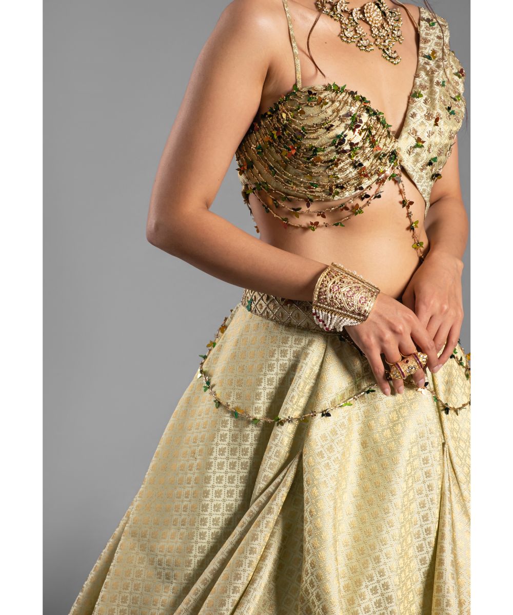 Lime Green Brocade Lehenga Asymmetrical Drape Blouse