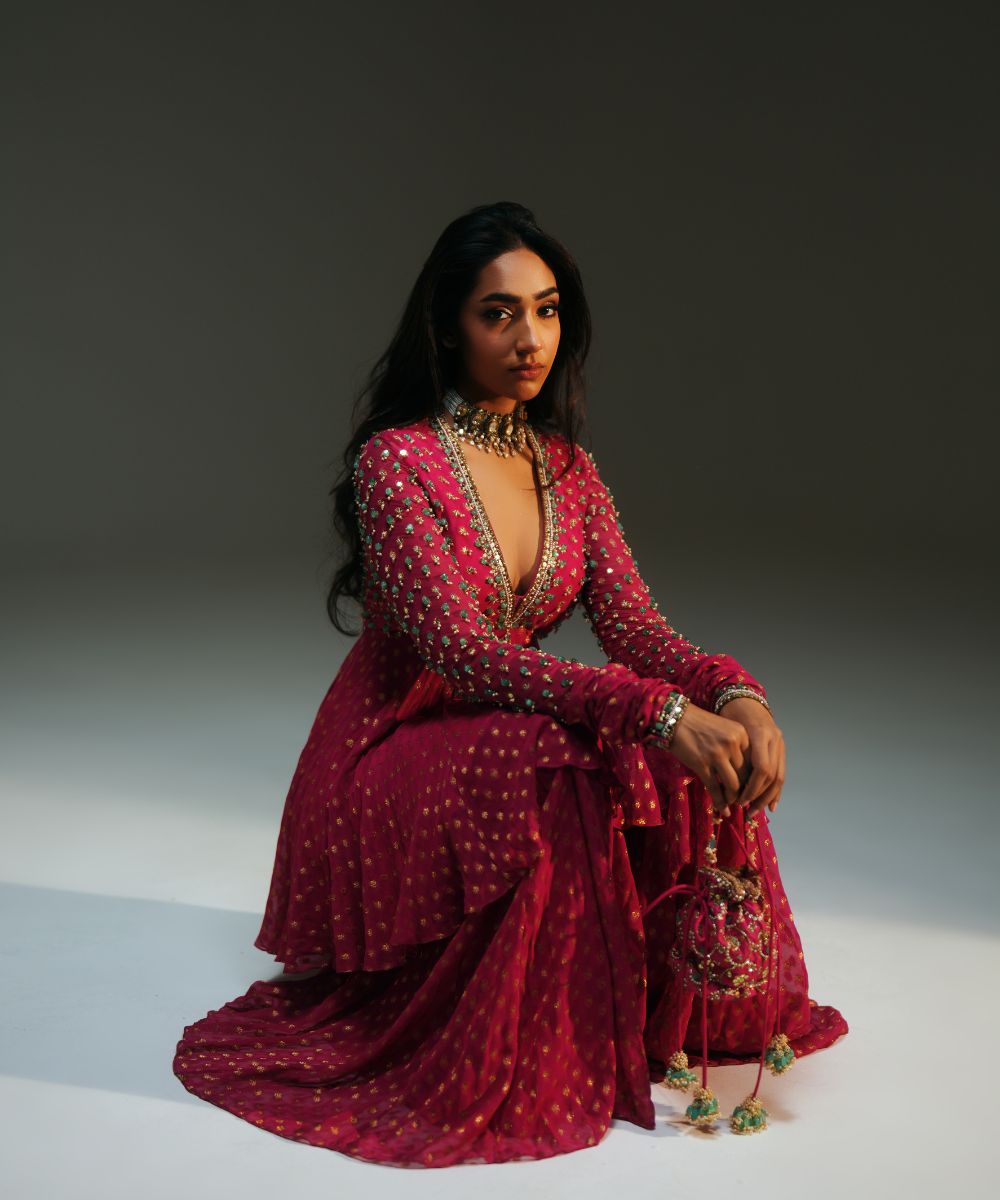 NIDHI - HAND EMBROIDERED RANI PINK SHORT KURTA AND SHARARA PAIRED WITH DUPATTA - Mehfil by Mahima Mahajan