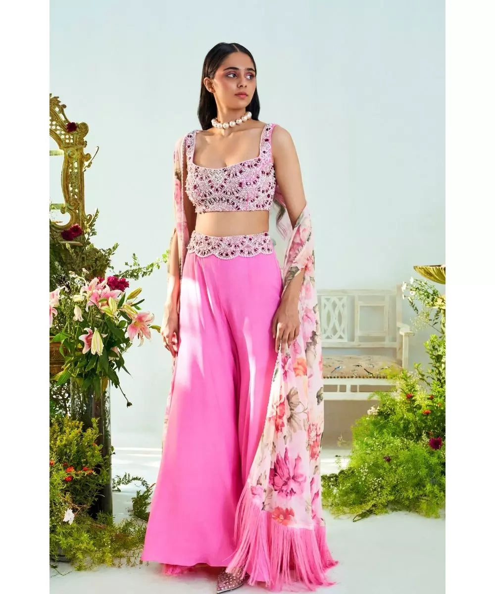 MANI BHATIYA - Pink embroidered Blouse with a Palazzo & Printed Cape