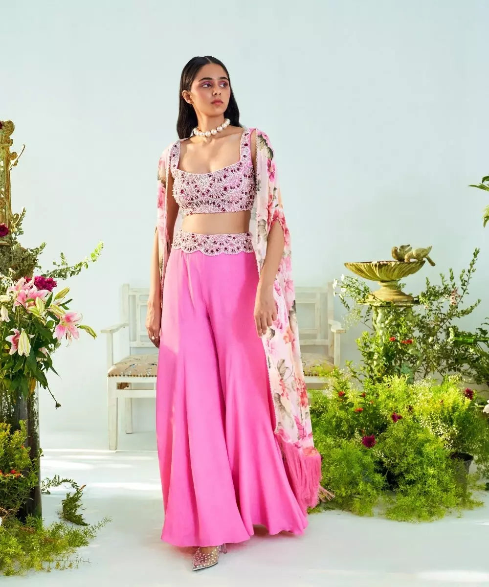MANI BHATIYA - Pink embroidered Blouse with a Palazzo & Printed Cape