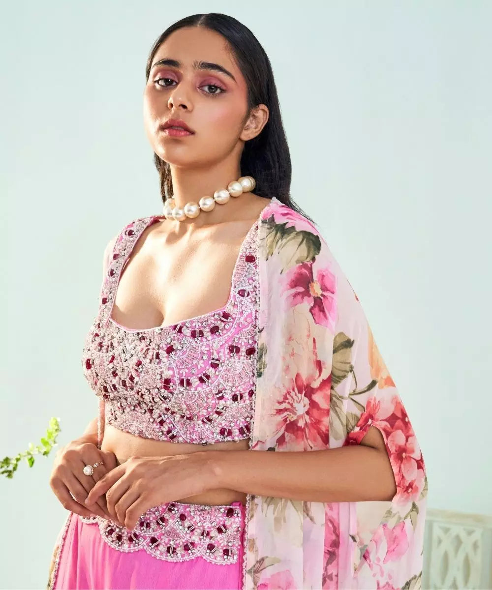 MANI BHATIYA - Pink embroidered Blouse with a Palazzo & Printed Cape