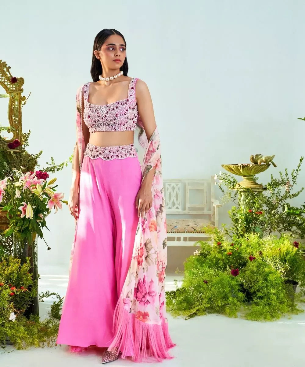 MANI BHATIYA - Pink embroidered Blouse with a Palazzo & Printed Cape