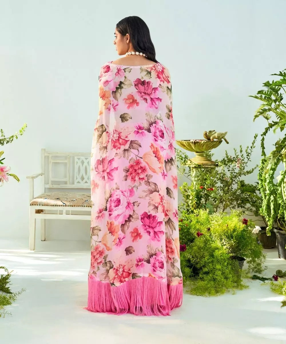 MANI BHATIYA - Pink embroidered Blouse with a Palazzo & Printed Cape