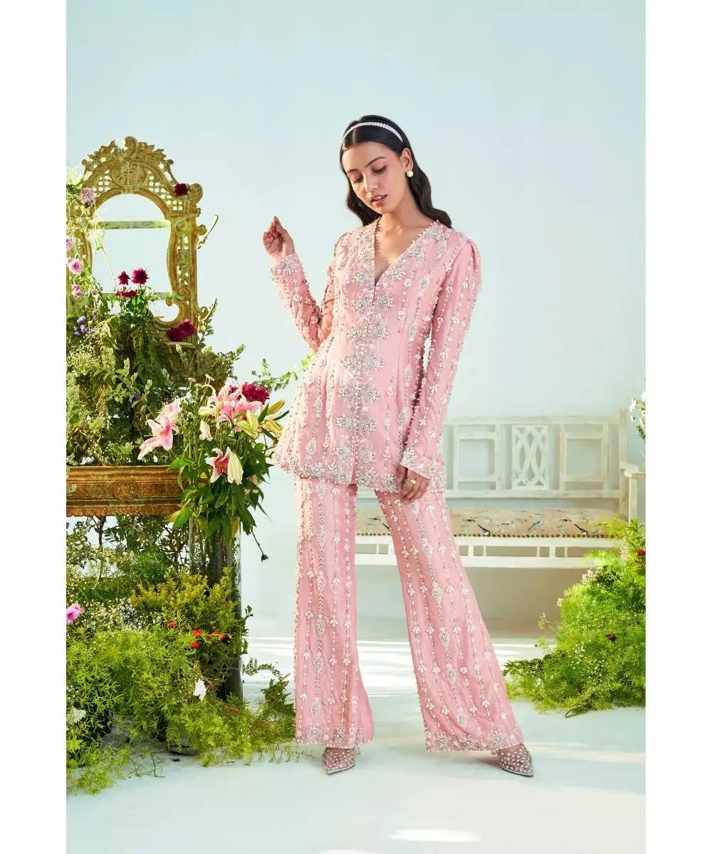 MANI BHATIYA - Rust pink embroidered Jacket & Pant set