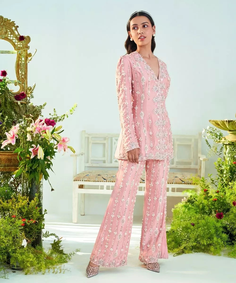 MANI BHATIYA - Rust pink embroidered Jacket & Pant set