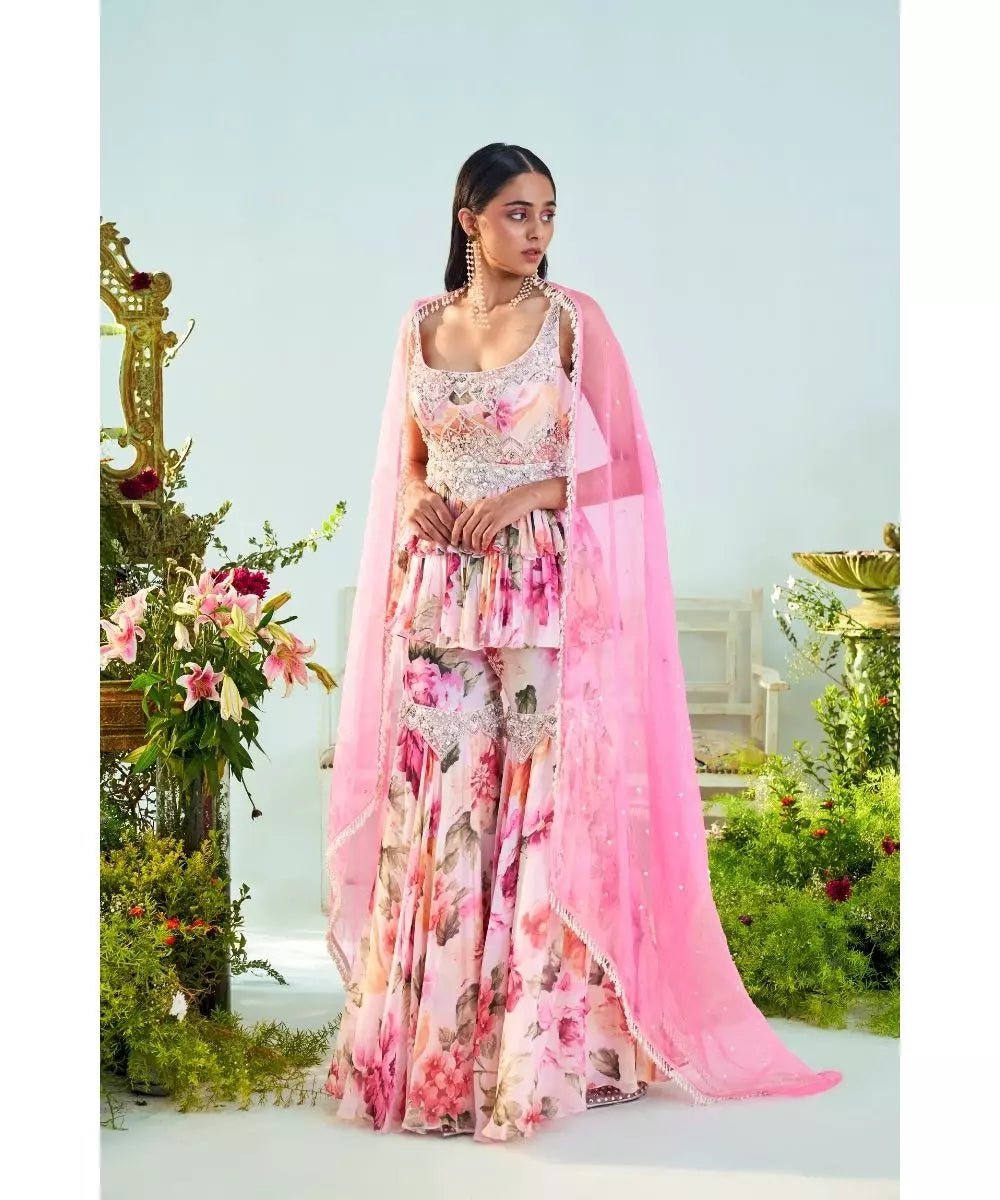 MANI BHATIYA - Floral pink Printed Peplum & Gharara set