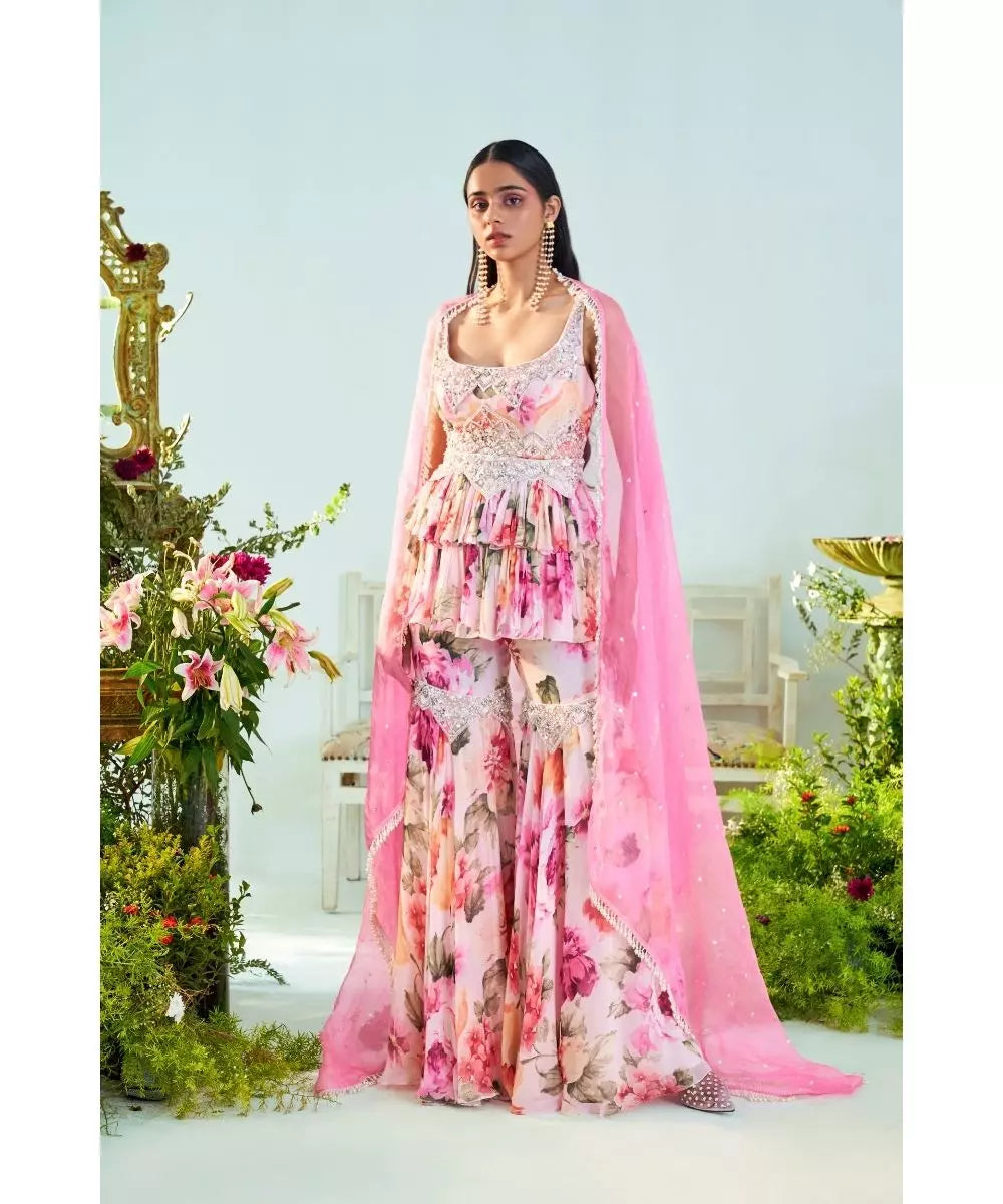 MANI BHATIYA - Floral pink Printed Peplum & Gharara set